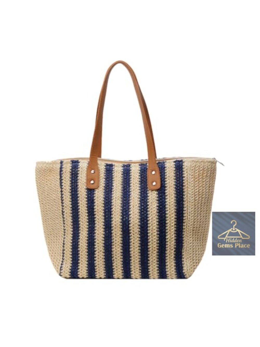 Vintage Woven Striped Straw Tote Shoulder Bag Summer Zipper Closure